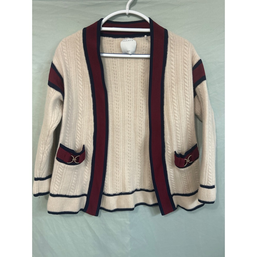 Sandro Paris Women's Cream Cable Knit Wool Cardigan Striped Size 1 Small Luxury